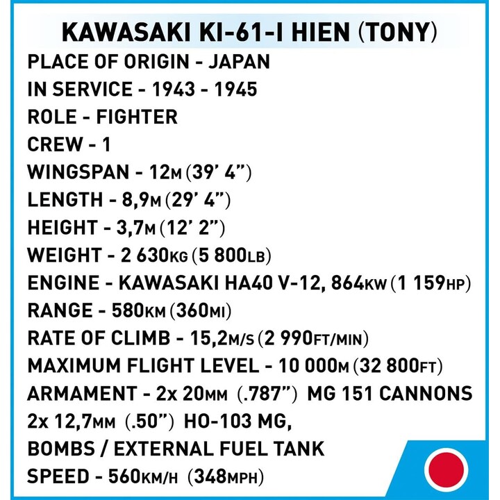 COBI 5740 Coleção Histórica Segunda Guerra Mundial Kawasaki KI-61-I Hein Fighter Aircraft (Tony) 324 Almofadas