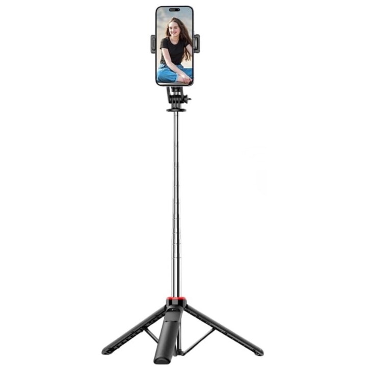 Selfie-Stick C13D mit LED, ausziehbares Stativ 1,35 mfürMobiltelefone und Kameras – mit kabelloser Steuerung Schwarz