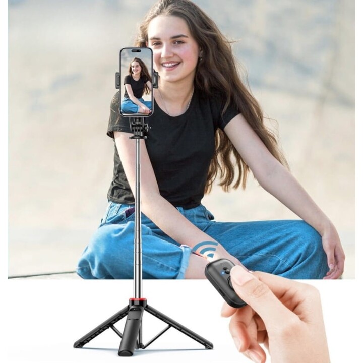 Selfie-Stick C13D mit LED, ausziehbares Stativ 1,35 mfürMobiltelefone und Kameras – mit kabelloser Steuerung Schwarz
