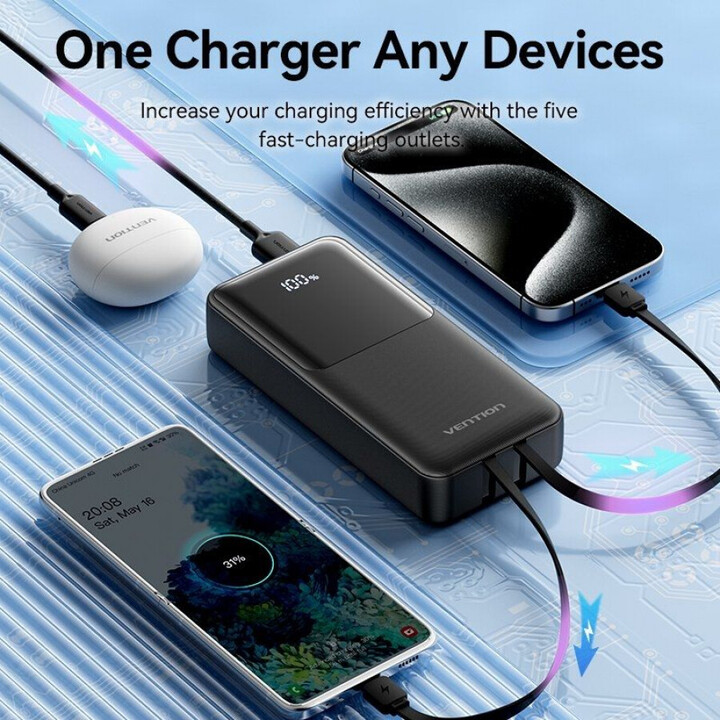 Powerbank 20000 mAh Vention FHPB0/ 22,5 W/ Schwarz/ Inklusive Typ-C- und Lightning-USB-Kabel