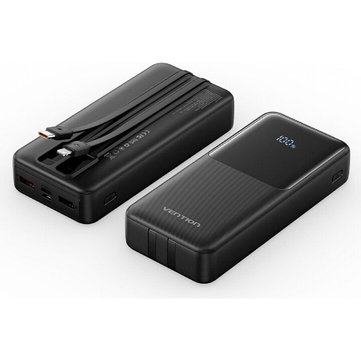 Powerbank 20000 mAh Vention FHPB0/ 22,5 W/ Schwarz/ Inklusive Typ-C- und Lightning-USB-Kabel