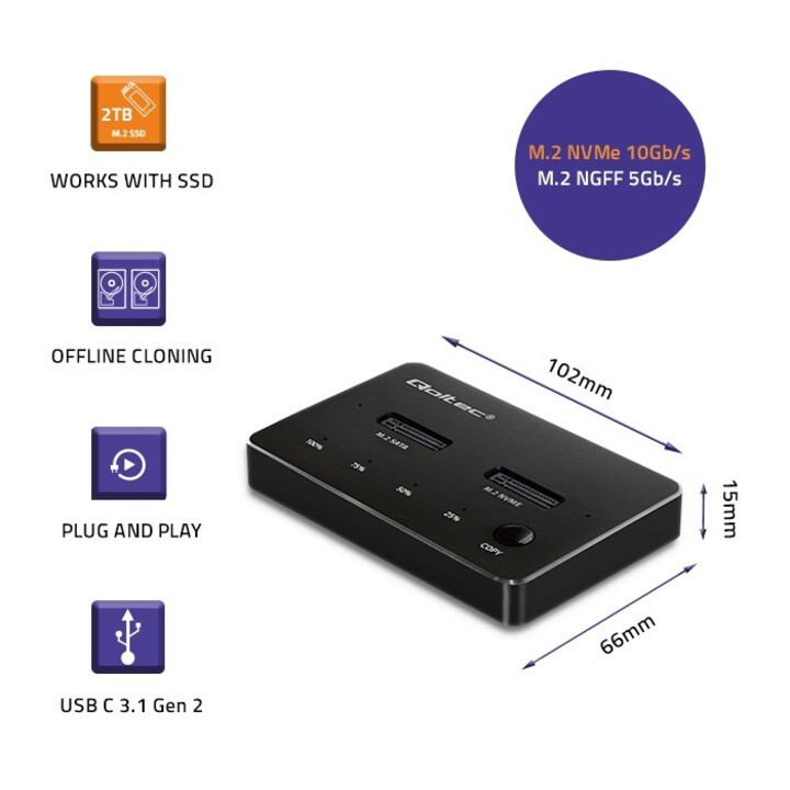 Estação de acoplamento SSD Qoltec 52274 M.2 | NVMe | SATA | USB-C | DUPLO 2 x 2 TB