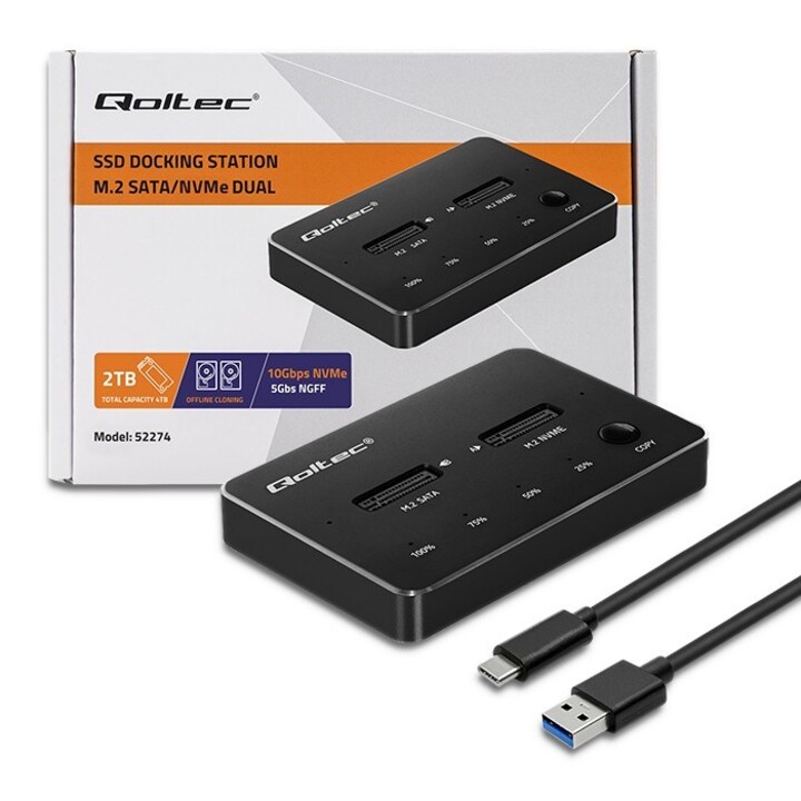 Qoltec 52274 Estación de acoplamiento para unidad SSD M.2 | NVMe | SATA | USB-C | DOBLE 2 x 2TB