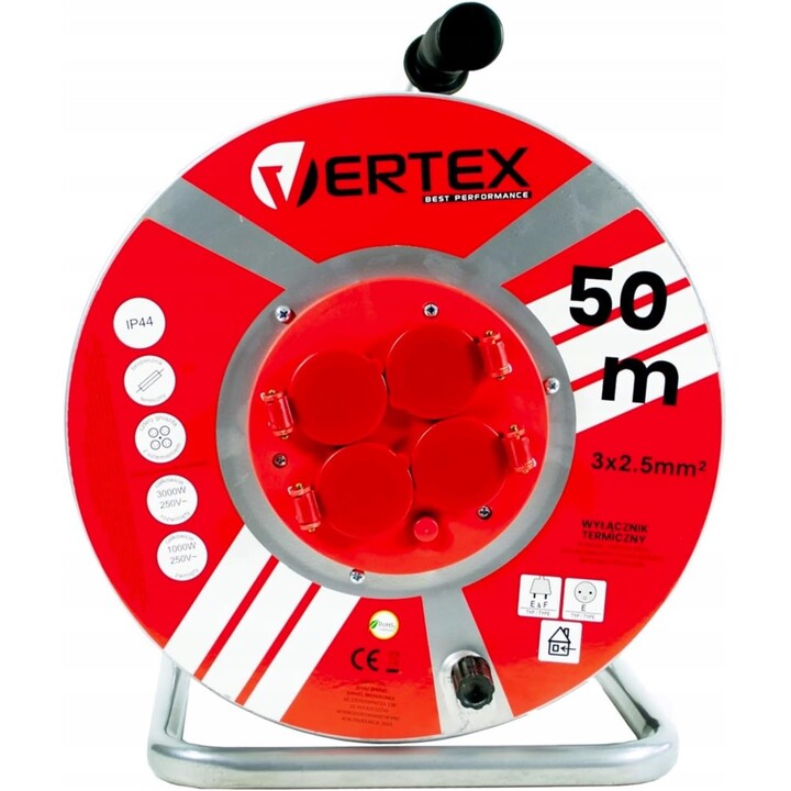 VERTEX PB50METAL Verlängerungskabel 50 m 3x2,5 mm 3000 W IP44 Schwarz 