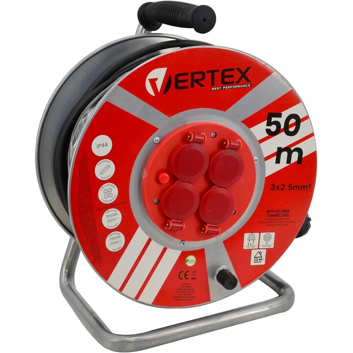 VERTEX PB50METAL Verlängerungskabel 50 m 3x2,5 mm 3000 W IP44 Schwarz 