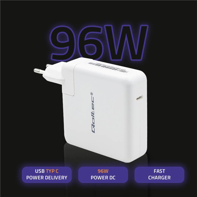 Qoltec 96W Cargador de pared RÁPIDO | 5-20V | 3- 4.7A | USB C PD | Blanco