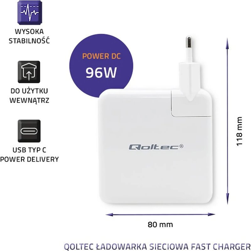 Qoltec 96W Cargador de pared RÁPIDO | 5-20V | 3- 4.7A | USB C PD | Blanco