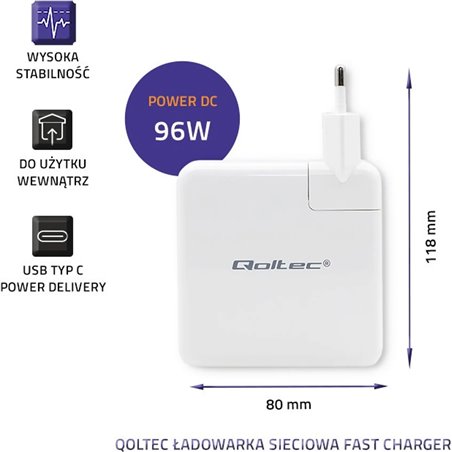 Qoltec 96W Cargador de pared RÁPIDO | 5-20V | 3- 4.7A | USB C PD | Blanco