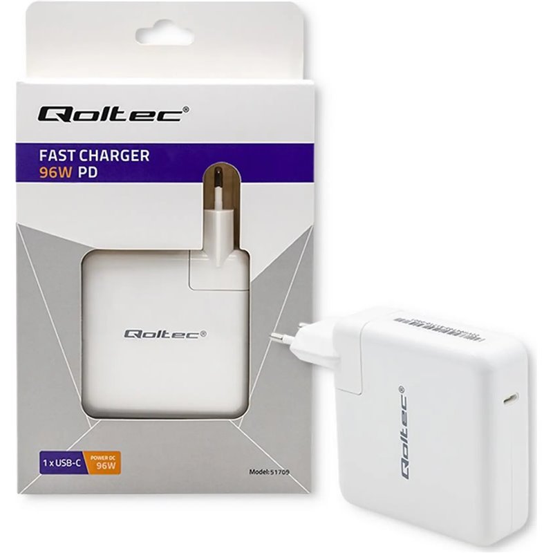 Qoltec 96W Cargador de pared RÁPIDO | 5-20V | 3- 4.7A | USB C PD | Blanco