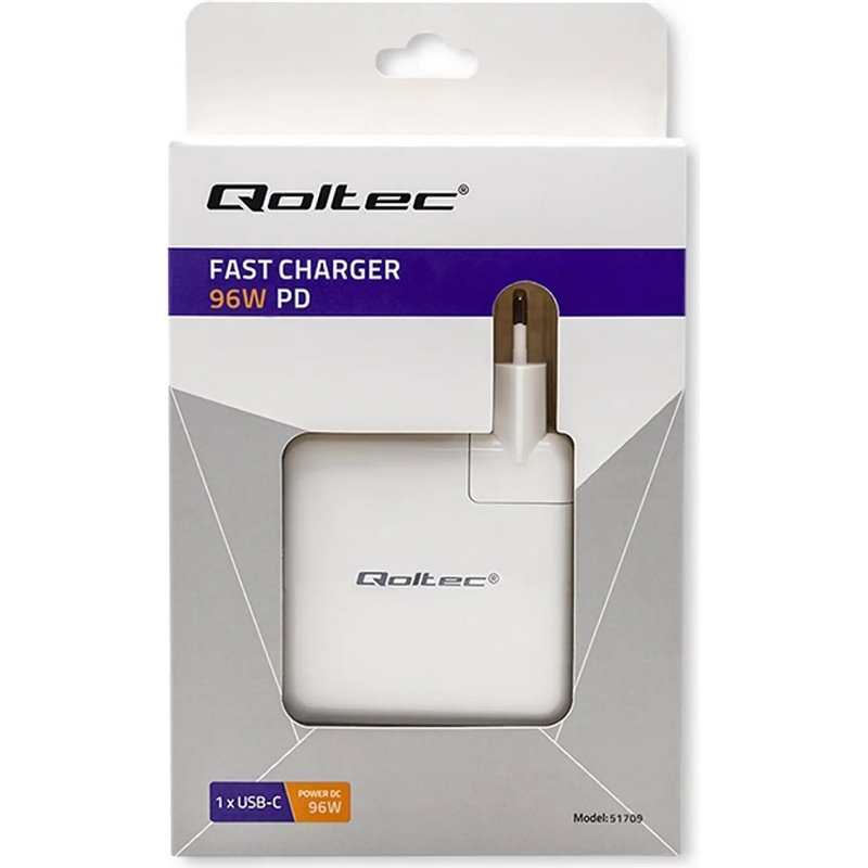 Qoltec 96W Cargador de pared RÁPIDO | 5-20V | 3- 4.7A | USB C PD | Blanco