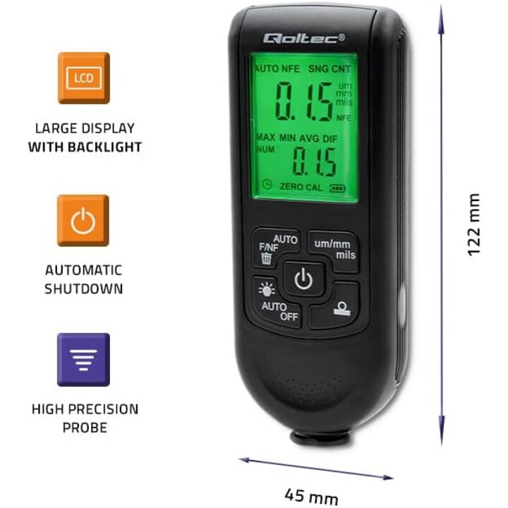Qoltec Coating Thickness Gauge with LCD | 0-2000 UM