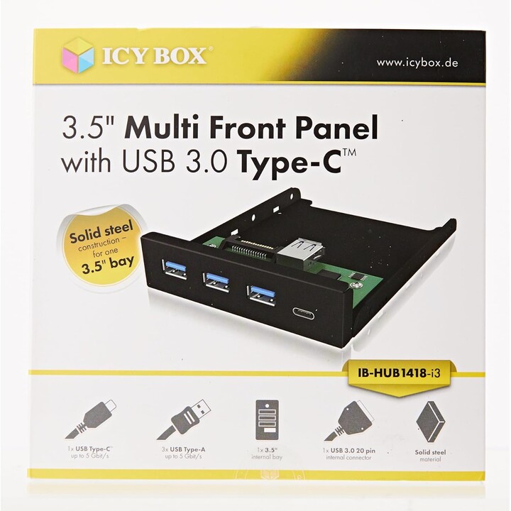 ICY-BOX Pannello frontale da 3,5" 4 porte USB 3.0, 3x Tipo-A, 1x Tipo-C nero Richiede (ulteriore) connettore USB 3 a 20 pin