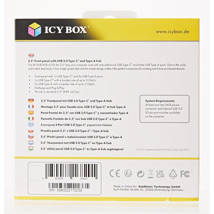 ICY-BOX Pannello frontale da 3,5" 4 porte USB 3.0, 3x Tipo-A, 1x Tipo-C nero Richiede (ulteriore) connettore USB 3 a 20 pin