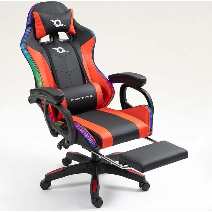 Silla Gaming PowerGaming 7 Puntos Masaje LED RGB con Reposapiés Rojo/Negra