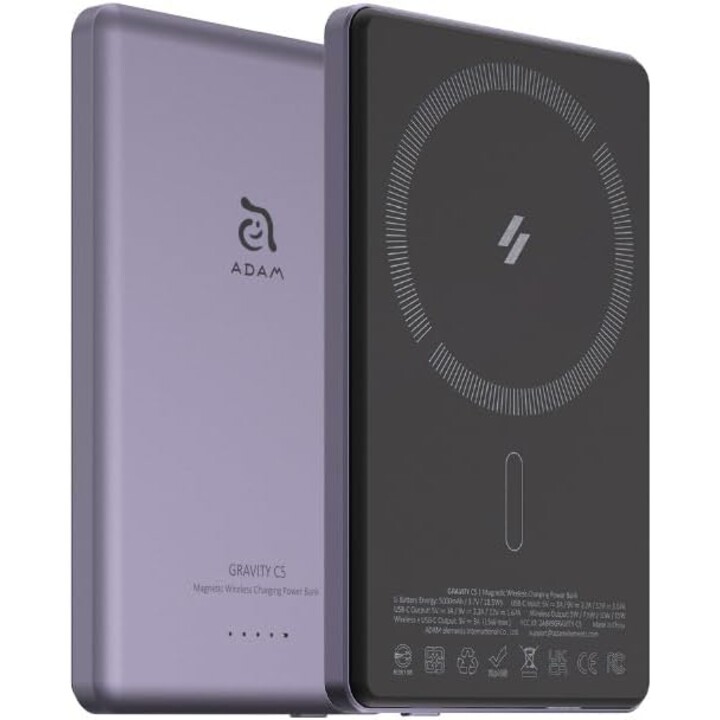 Adam magnetic external battery 5,000mah ultra thin purple