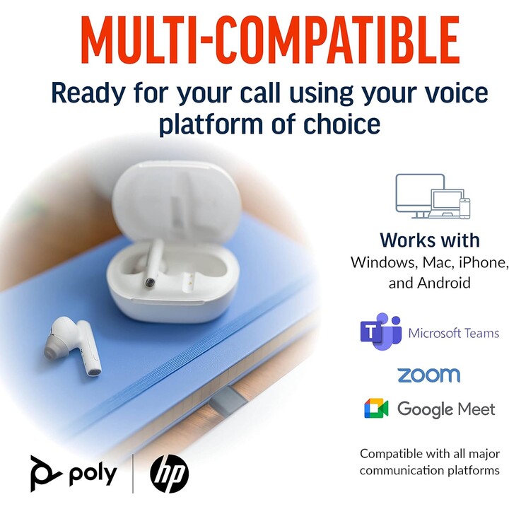 Poly Voyager Free 60+ True Auricolari senza fili – Microfoni con cancellazione del rumore per chiamate chiare - ANC - Bianco