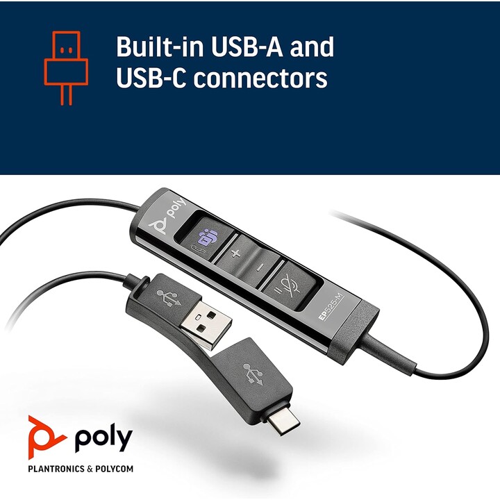 Poly EncorePro 525-M USB-A- und USB-C-Headset-Acoustic Hearing Protection-Tasten „Halten“ und „Anrufannahme“.