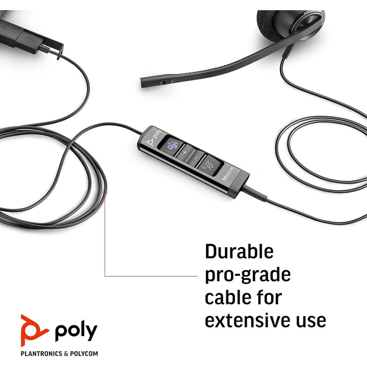 Poly EncorePro 525-M USB-A- und USB-C-Headset-Acoustic Hearing Protection-Tasten „Halten“ und „Anrufannahme“.