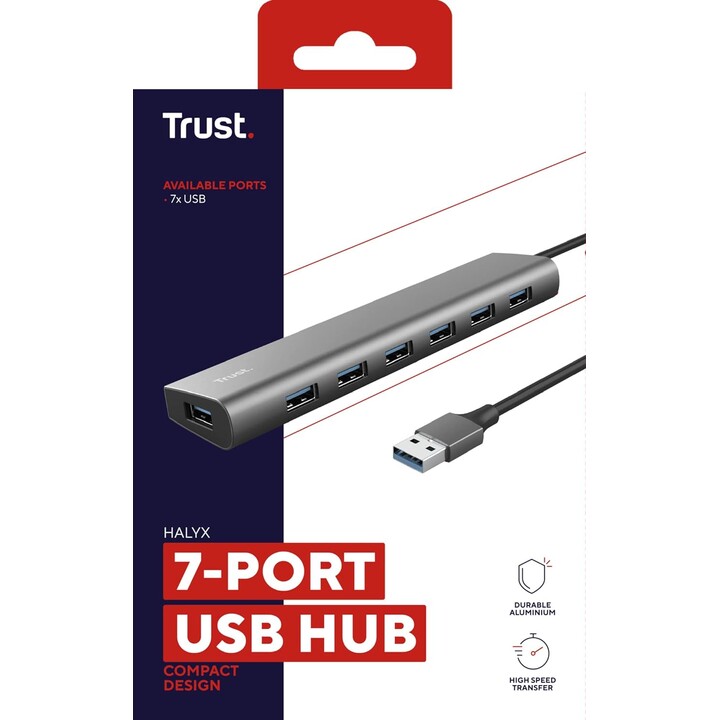 Hub USB 3.2 Gen1 Trust Halyx/ 7xUSB/ 1xUSB-C