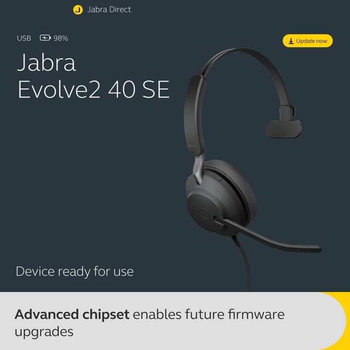 Jabra Headset Evolve2 40 SE USB-A UC Mono Auricular com tecnologia de chamada de 3 microfones