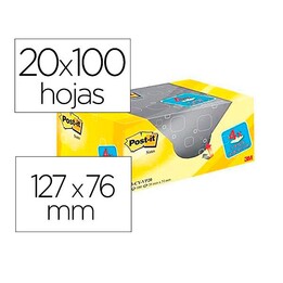 Bloc notes autocollantes amovibles post-it jaune canari 76x127 mm pack promotionnel 16+4 offert