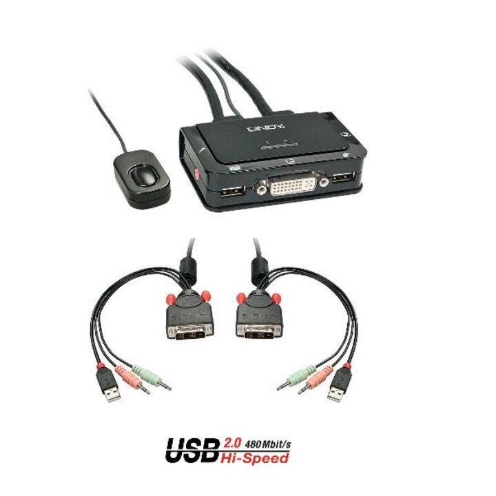 2-Port-DVI-D-Single-Link-KVM-Switch, USB 2.0 und Audiokabel