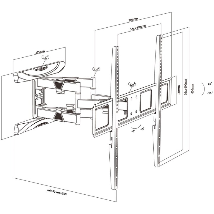 Supporto TV Maclean MC-423, supporto a parete per schermi da 43-100", VESA massimo 800x600, carico massimo 80 kg, regolazio