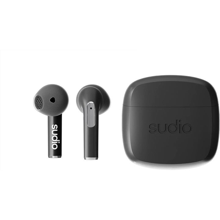 Sudio N2 Preto True Wireless Bluetooth Fones de ouvido abertos, Conexão multiponto, Microfone, 30 horas, com estojo de carregame