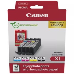 Cartucho de tinta multipack original Canon CLI-581 XL de alta capacidade/ciano/magenta/amarelo/preto + papel fotográfico