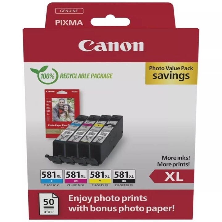 Cartucho de tinta multipack original Canon CLI-581 XL de alta capacidade/ciano/magenta/amarelo/preto + papel fotográfico