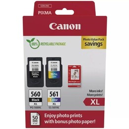 Original Canon Tintenpatrone PG-560XL + CL-561XL Multipack mit hoher Kapazität / Schwarz / Dreifarbig + Fotopapier