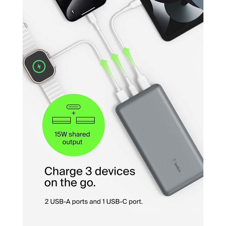 Belkin USB C Portable Charger 20000mAh, 20K Power Bank com porta de entrada e saída USB tipo C e 2 portas USB A
