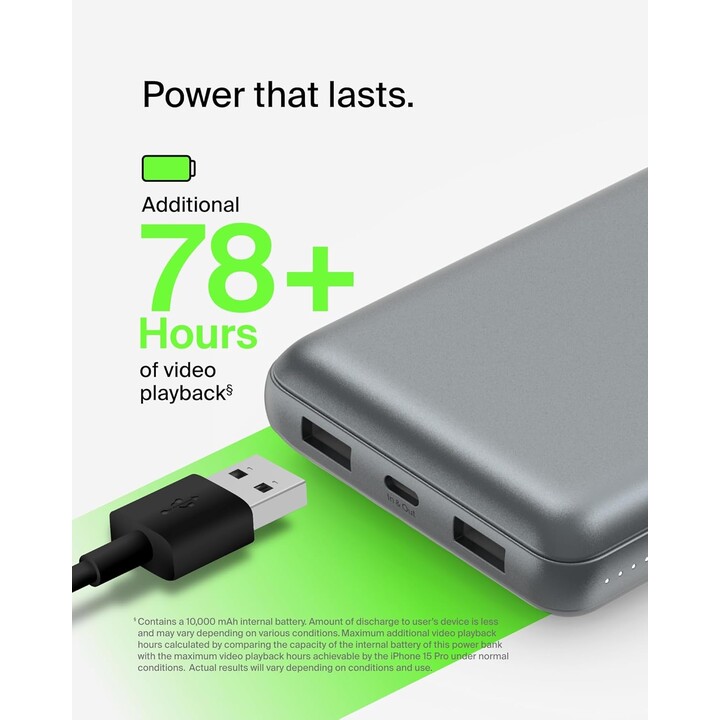 Belkin USB C Portable Charger 20000mAh, 20K Power Bank com porta de entrada e saída USB tipo C e 2 portas USB A