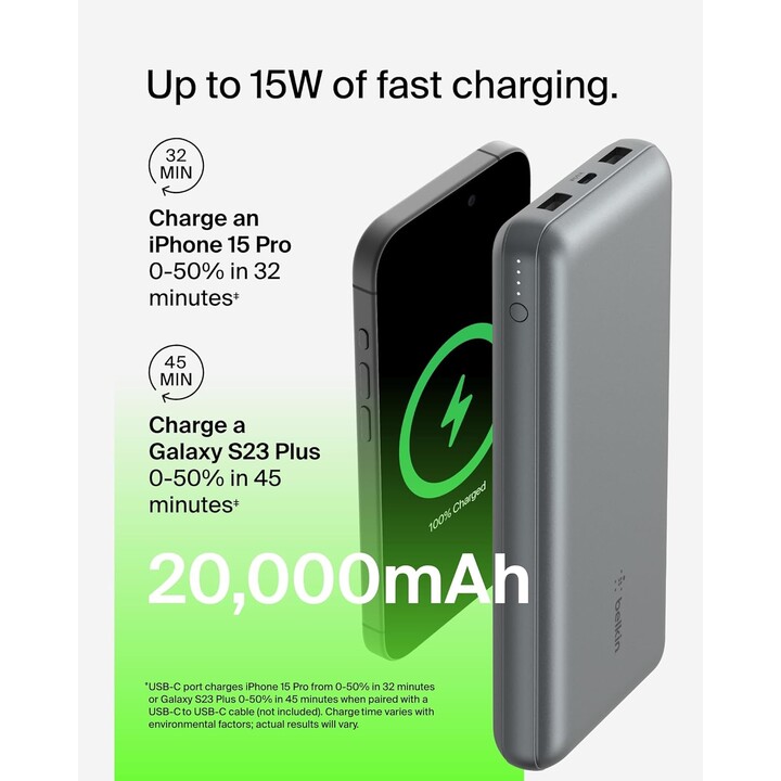 Belkin USB C Portable Charger 20000mAh, 20K Power Bank com porta de entrada e saída USB tipo C e 2 portas USB A
