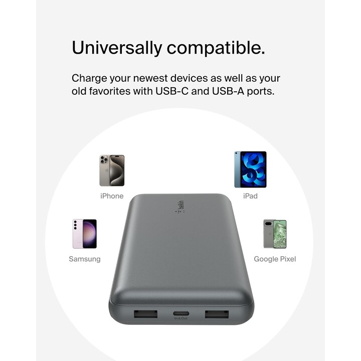 Belkin USB C Portable Charger 20000mAh, 20K Power Bank com porta de entrada e saída USB tipo C e 2 portas USB A