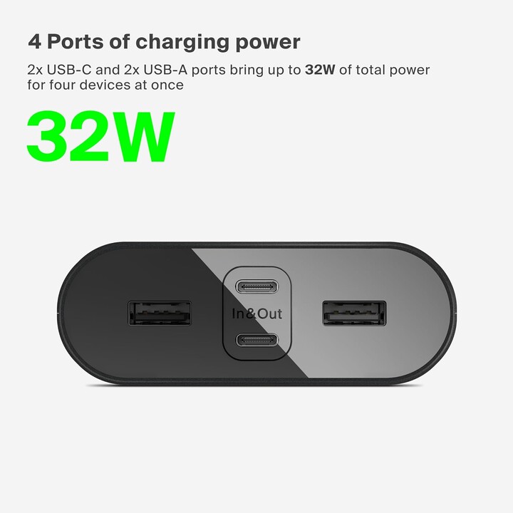 Belkin BoostCharge 4-Port Power Bank 26K, Battery Pack with USB-C & USB-A Ports, Fast Charge USB-C Power Delivery