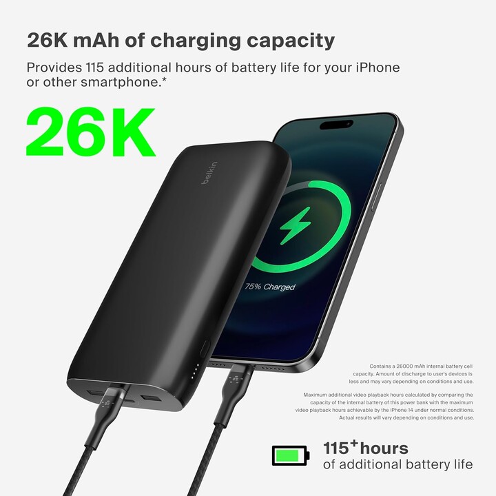 Belkin BoostCharge 4-Port Power Bank 26K, Battery Pack with USB-C & USB-A Ports, Fast Charge USB-C Power Delivery