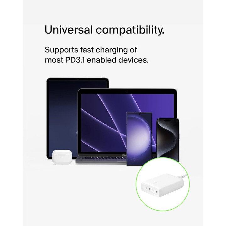 Belkin BoostCharge Pro Caricatore da muro GaN USB-C a 4 porte, 200W Caricabatterie con USB-C PD 3.1 Fast Charge + 1.5m Cable Bia