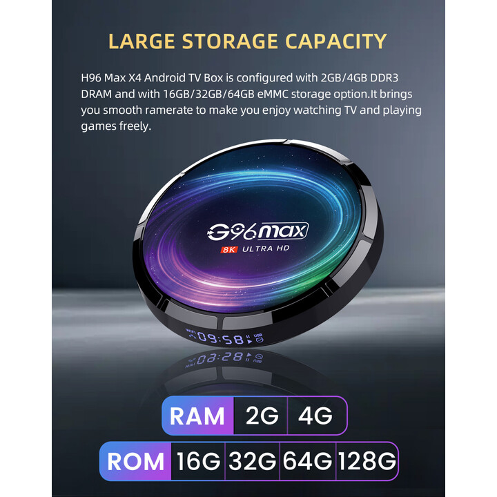 G96 Max 8K S905X4, 4GB/128GB Android 11 Android TV, recondicionado pelo fabricante