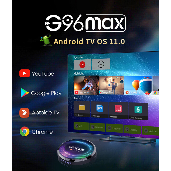 G96 Max 8K S905X4, 4GB/128GB Android 11 Android TV, recondicionado pelo fabricante