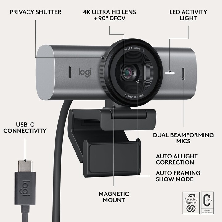 Logitech MX Brio 705 Webcam professionnelle 4K avec Auto Exposure Correction, Ultra HD, sélection automatique