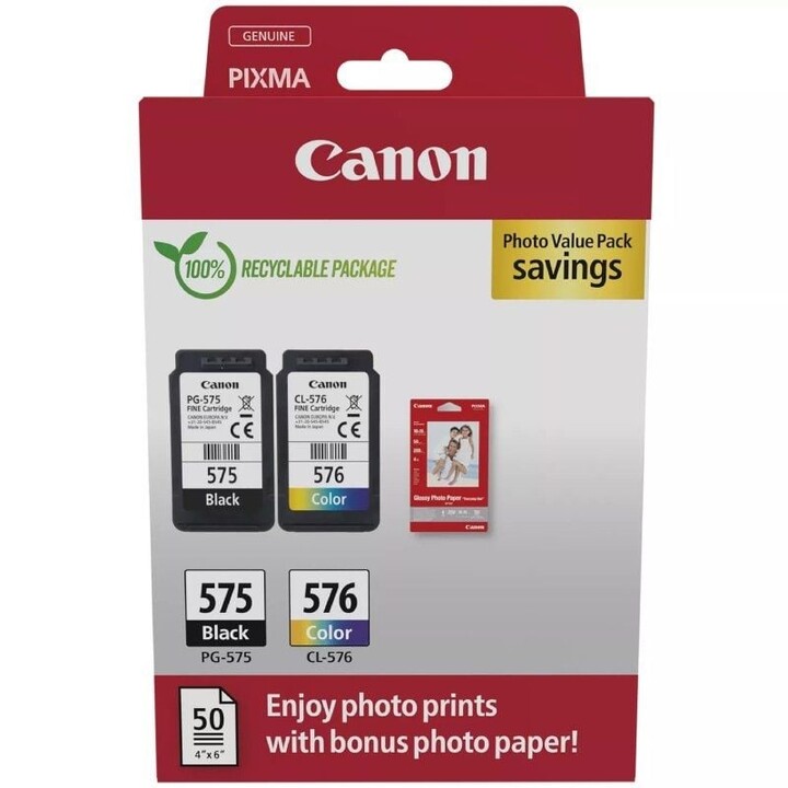 Original Canon PG-575 + CL-576 Multipack/ Black/ Tricolor Ink Cartridge + Photo Paper