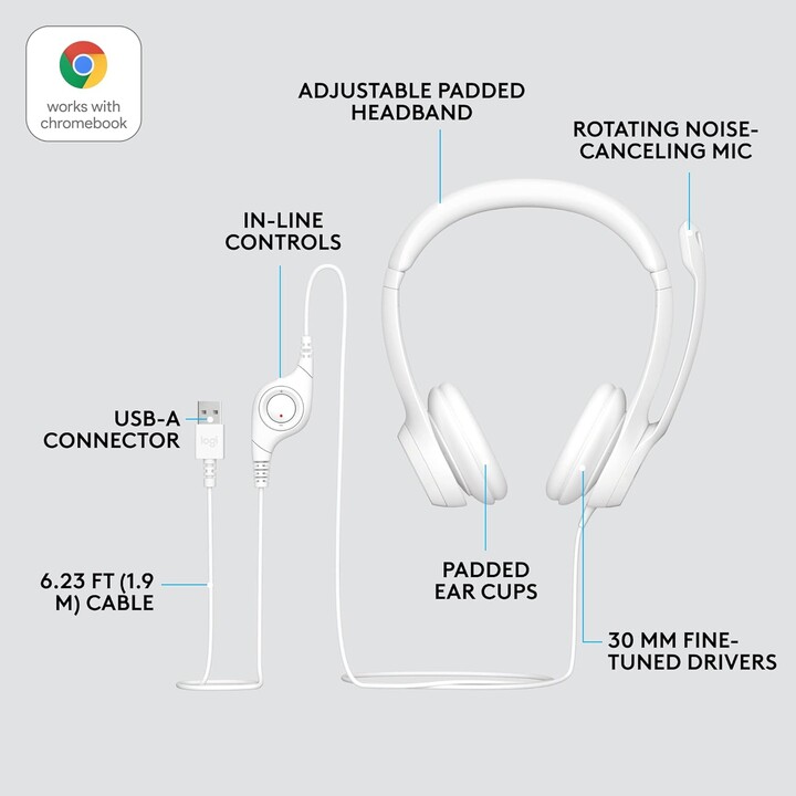 Logitech Fone de ouvido H390 USB cinza e branco varejo