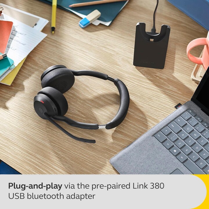 Jabra Evolve2 55 Drahtloses Stereo-Headset Air Comfort Technology, Mikrofone mit Geräuschunterdrückung, und ANC