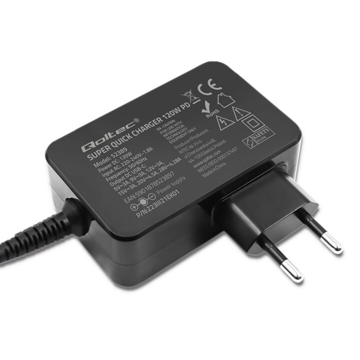 Carregador rápido turbo Qoltec PD 120W | 5-28 V | 3-4,5A | USB-C | Preto