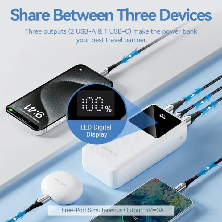 Powerbank 30000mAh Vention FHMW0/ 22,5W/ Bianco