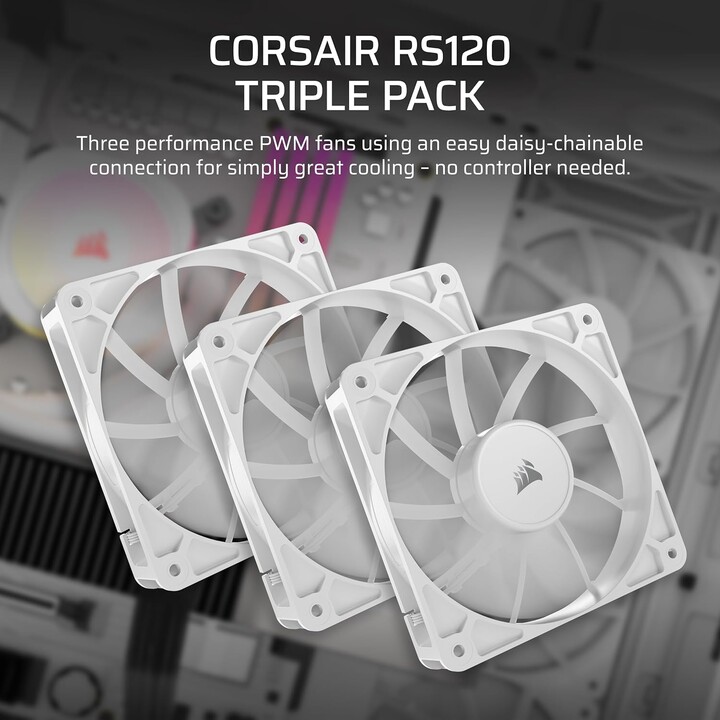 CORSAIR Ventiladores PWM RS120 de 4.724 in – Conexión en cadena de margarita – Bajo ruido – Rodamiento de cúpula magnética – Paq