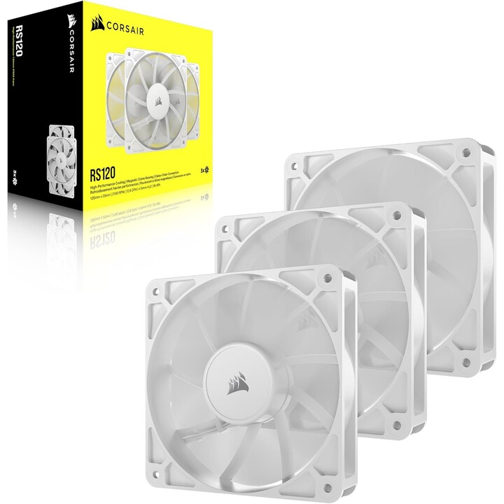CORSAIR Ventiladores PWM RS120 de 4.724 in – Conexión en cadena de margarita – Bajo ruido – Rodamiento de cúpula magnética – Paq