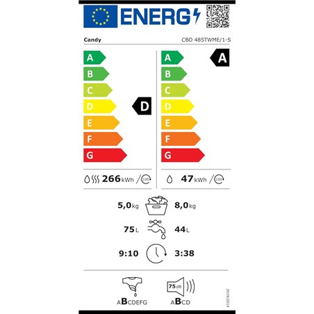 Candy Smart Inverter CBD 485TWME/1-S, Lavadora Secadora Integrada, 8KG + 5KG, 1400RPM, 7 Ciclos Rápidos