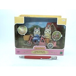 Sylvanian Families Tandem Dog Huskies em uma bicicleta definida com figuras 5637